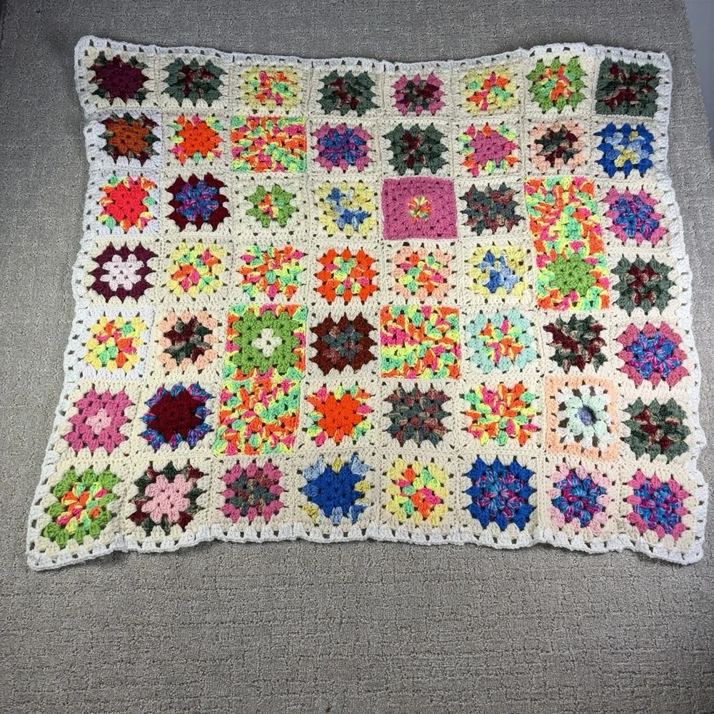 Vintage Granny Square Crochet Lap Blanket Afghan Throw GrandmaCore Chic Handmade
